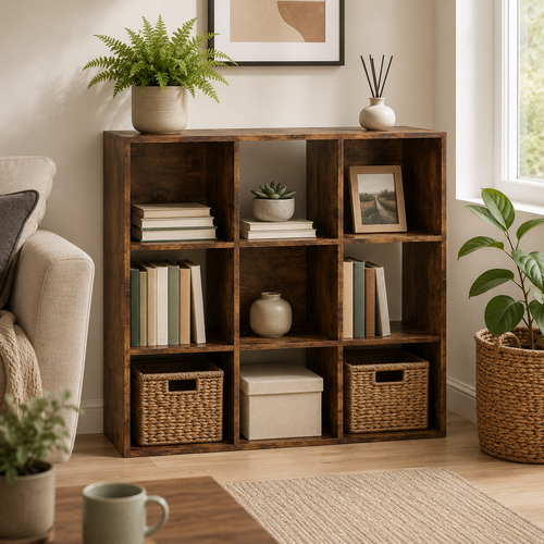 9-Cube Storage Unit (3×3) – Particle Board, Rustic Brown, 91.5×29.5×91.5cm
