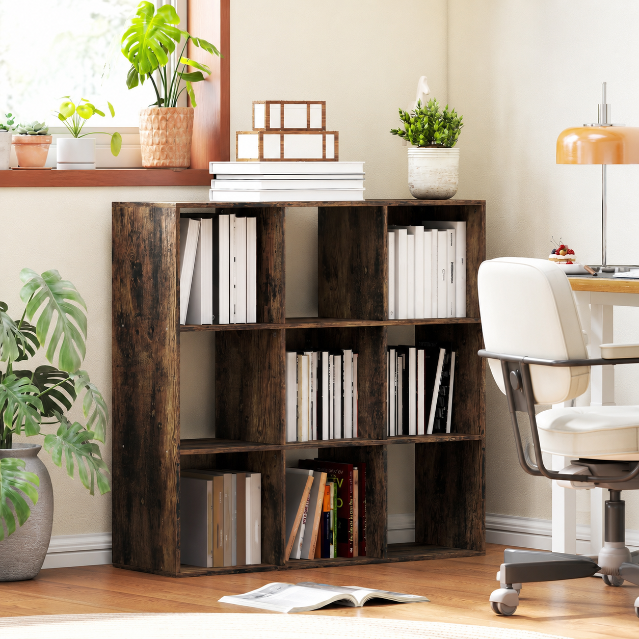 9-Cube Storage Unit – 3×3 Grid, Open Shelves, Particle Board, Rustic Brown