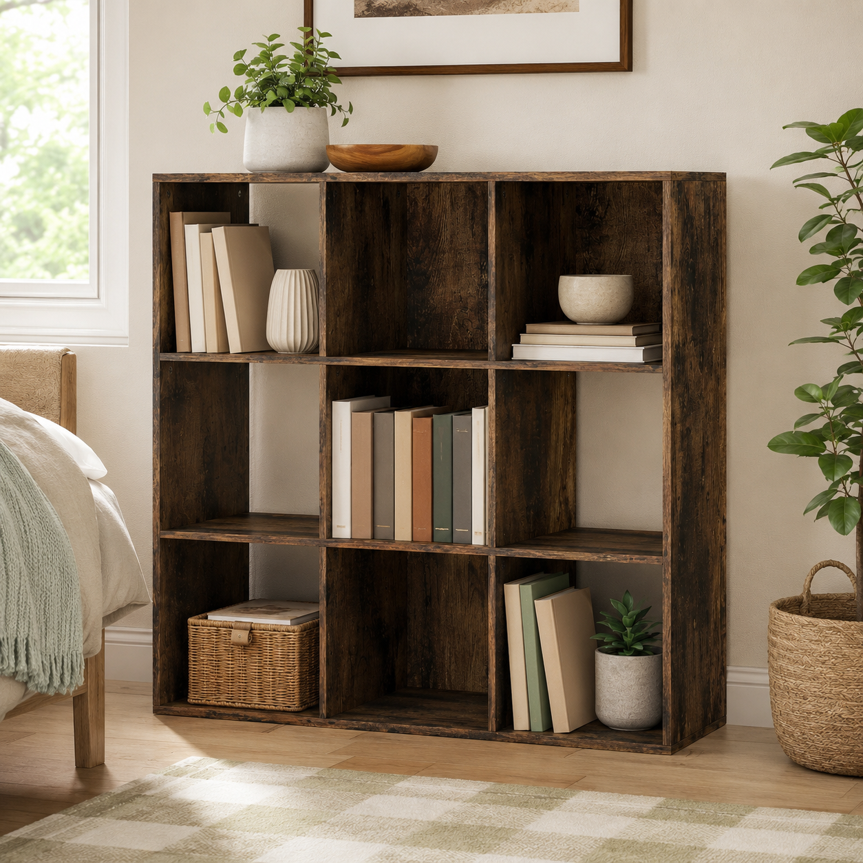 9-Cube Storage Unit – 3×3 Grid, Open Shelves, Particle Board, Rustic Brown
