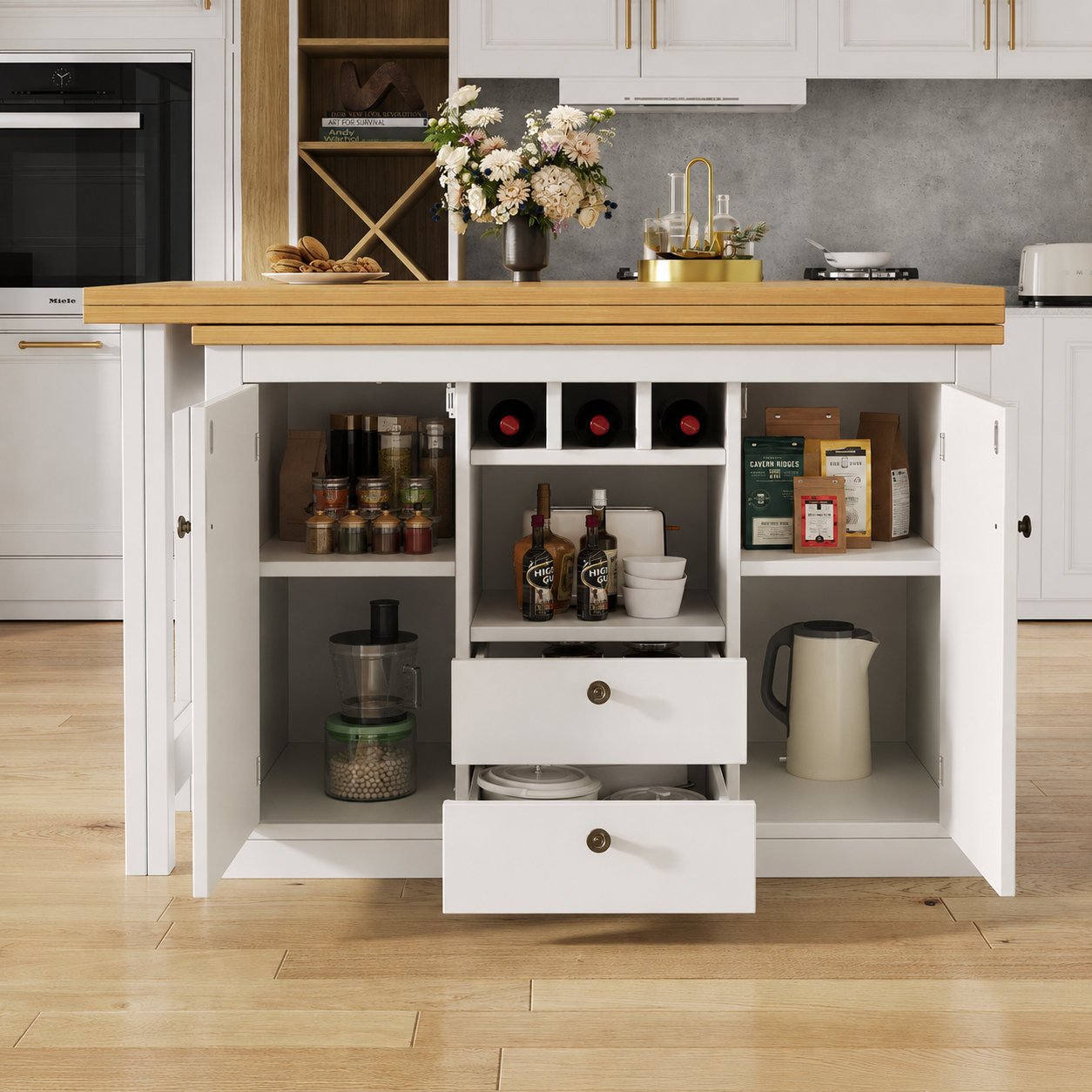 Bar Table – Extendable 120–180cm, 360° Swivel, Storage, Designer, White