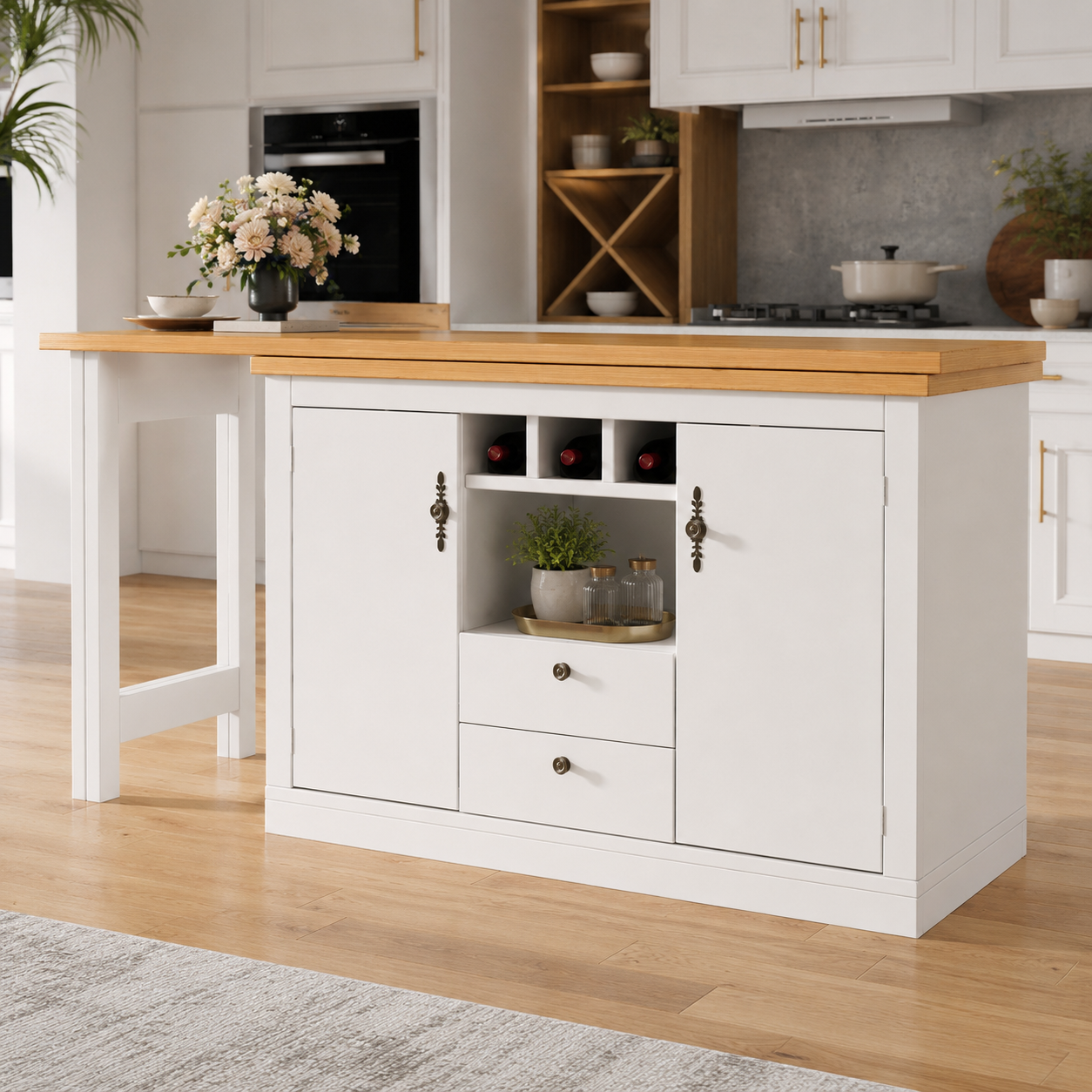 Bar Table – Extendable 120–180cm, 360° Swivel, Storage, Designer, White
