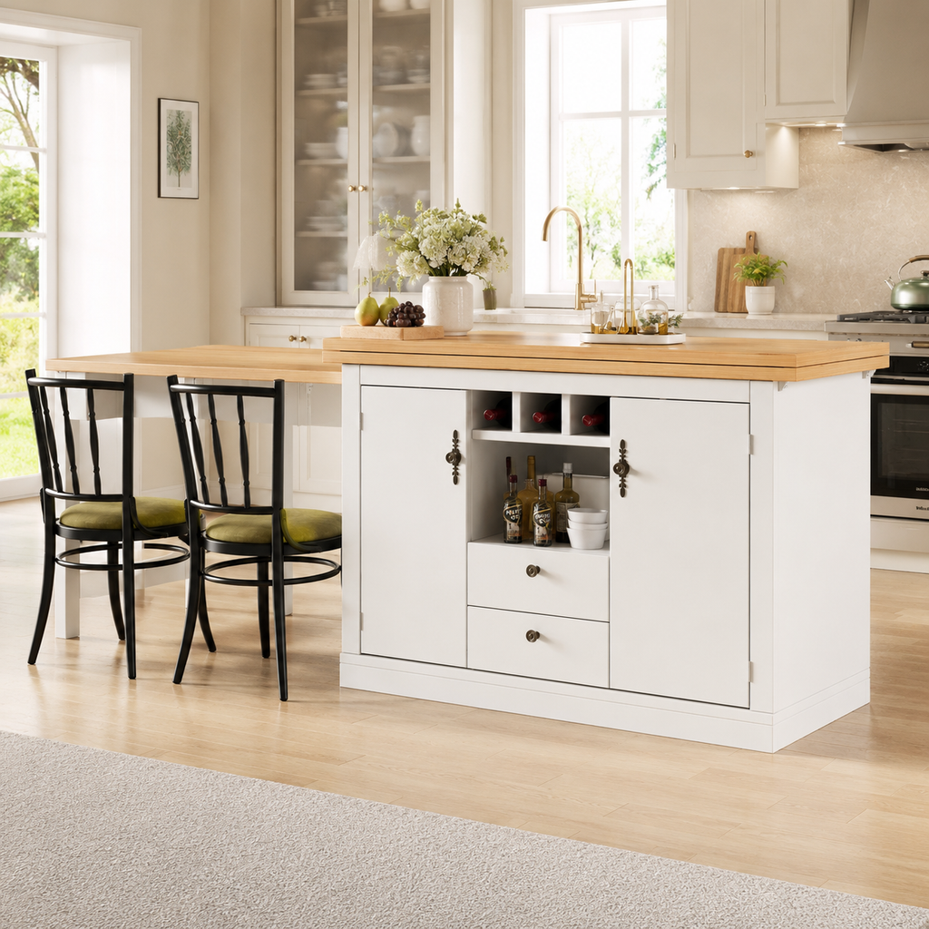 Bar Table – Extendable 120–180cm, 360° Swivel, Storage, Designer, White