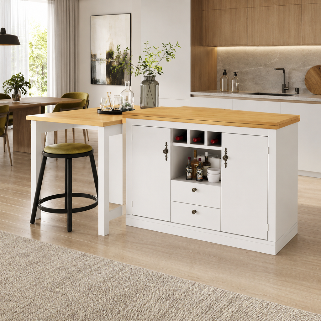 Bar Table – Extendable 120–180cm, 360° Swivel, Storage, Designer, White