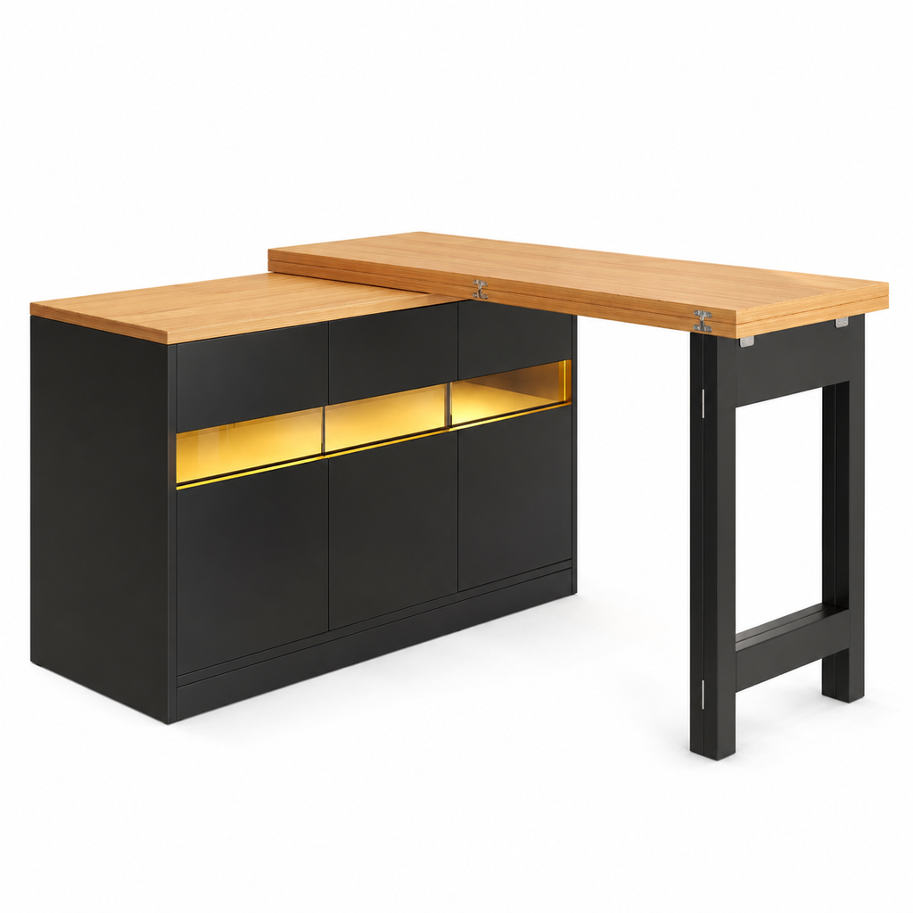 Bar Table – Extendable 120–180cm, LED Lighting, 360° Swivel, Storage, Kitchen Island