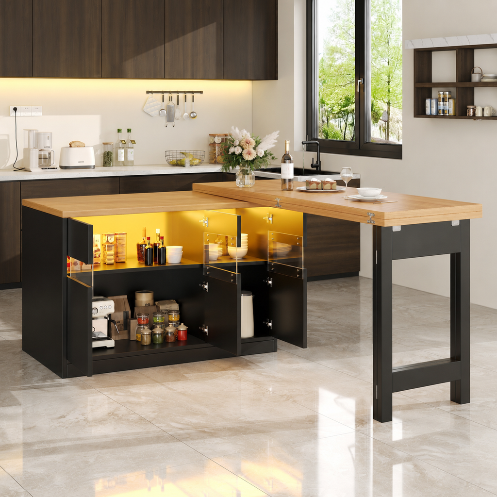 Bar Table – Extendable 120–180cm, LED Lighting, 360° Swivel, Storage, Kitchen Island