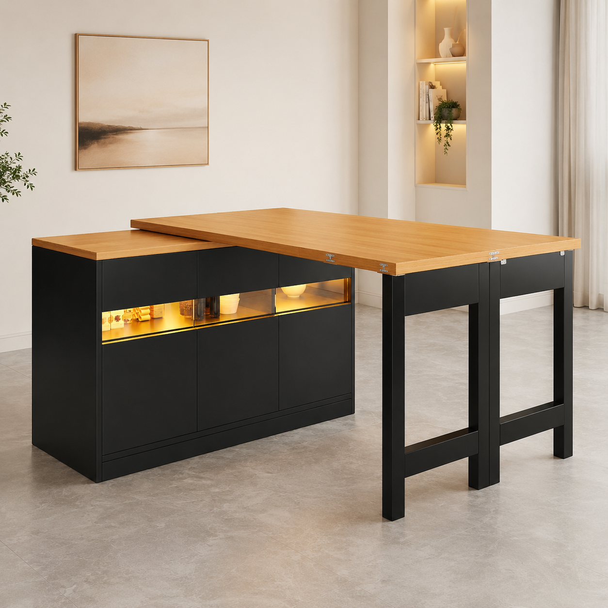 Bar Table – Extendable 120–180cm, LED Lighting, 360° Swivel, Storage, Kitchen Island