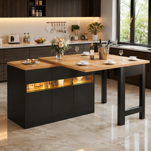 Bar Table – Extendable 120–180cm, LED Lighting, 360° Swivel, Storage, Kitchen Island