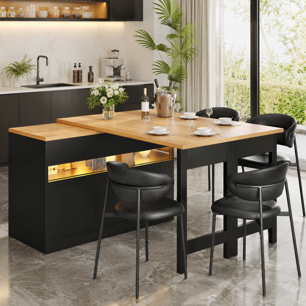 Bar Table – Extendable 120–180cm, LED Lighting, 360° Swivel, Storage, Kitchen Island