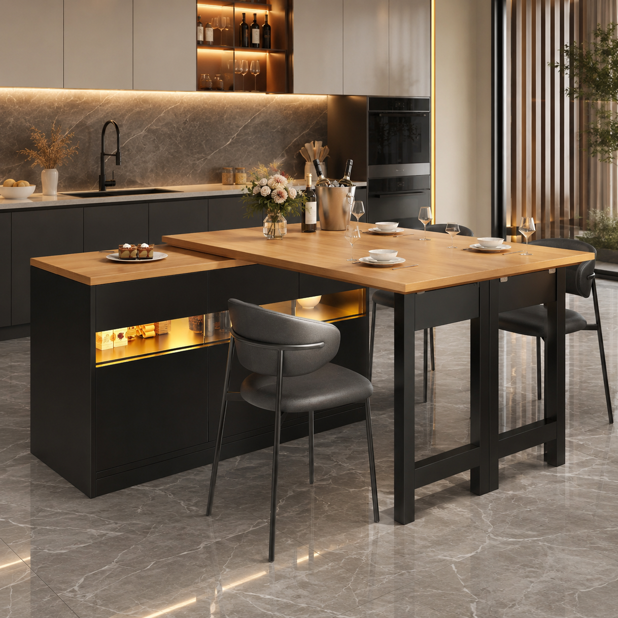 Bar Table – Extendable 120–180cm, LED Lighting, 360° Swivel, Storage, Kitchen Island