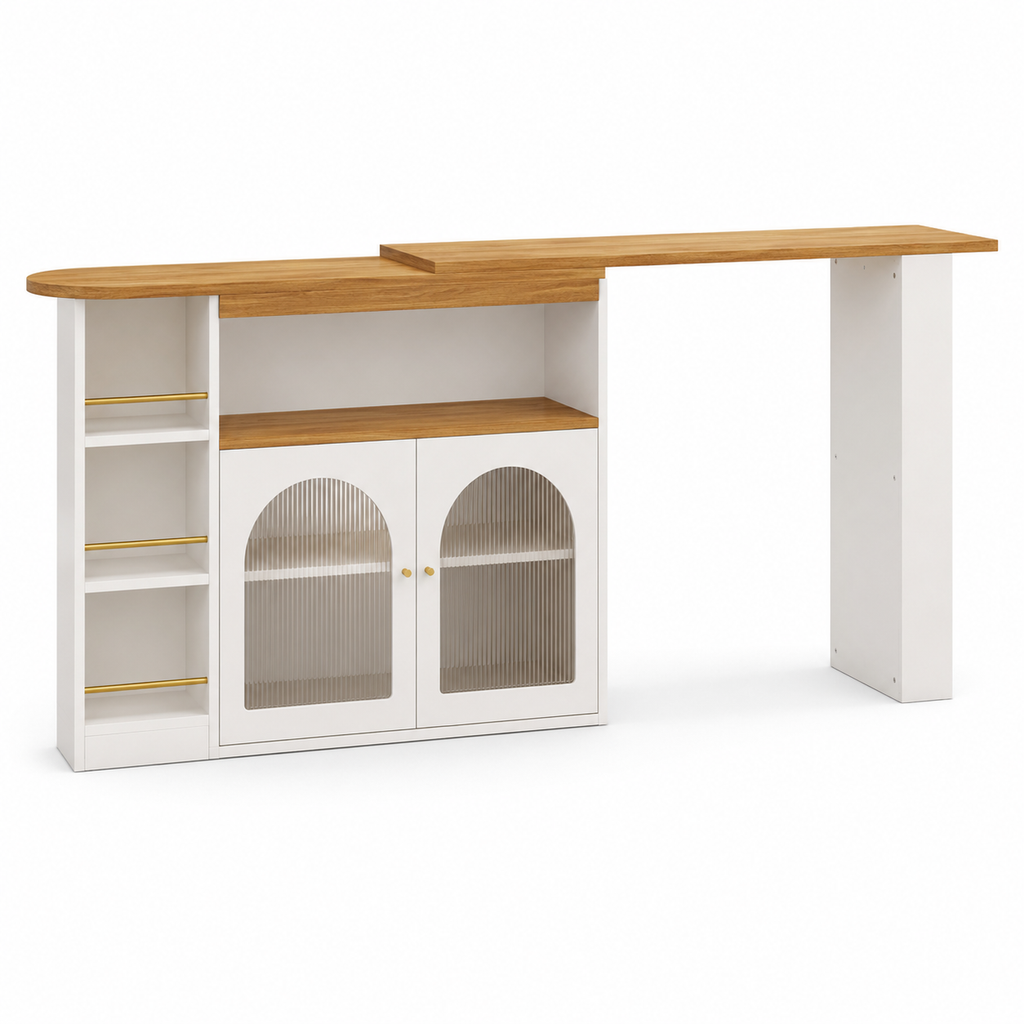 Bar Table – Extendable 138–193cm, LED Strip, 360° Swivel, Storage, Kitchen Island, 105cm High, White