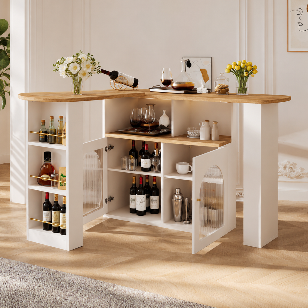Bar Table – Extendable 138–193cm, LED Strip, 360° Swivel, Storage, Kitchen Island, 105cm High, White