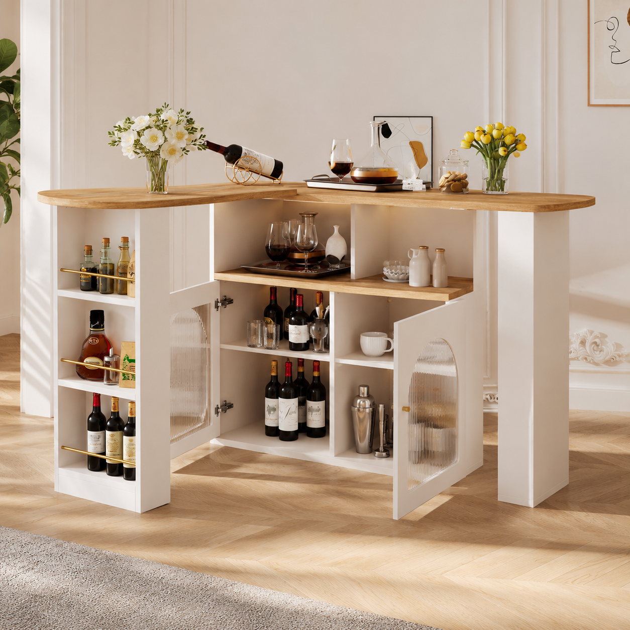 Bar Table – Extendable 138–193cm, LED Strip, 360° Swivel, Storage, Kitchen Island, 105cm High, White