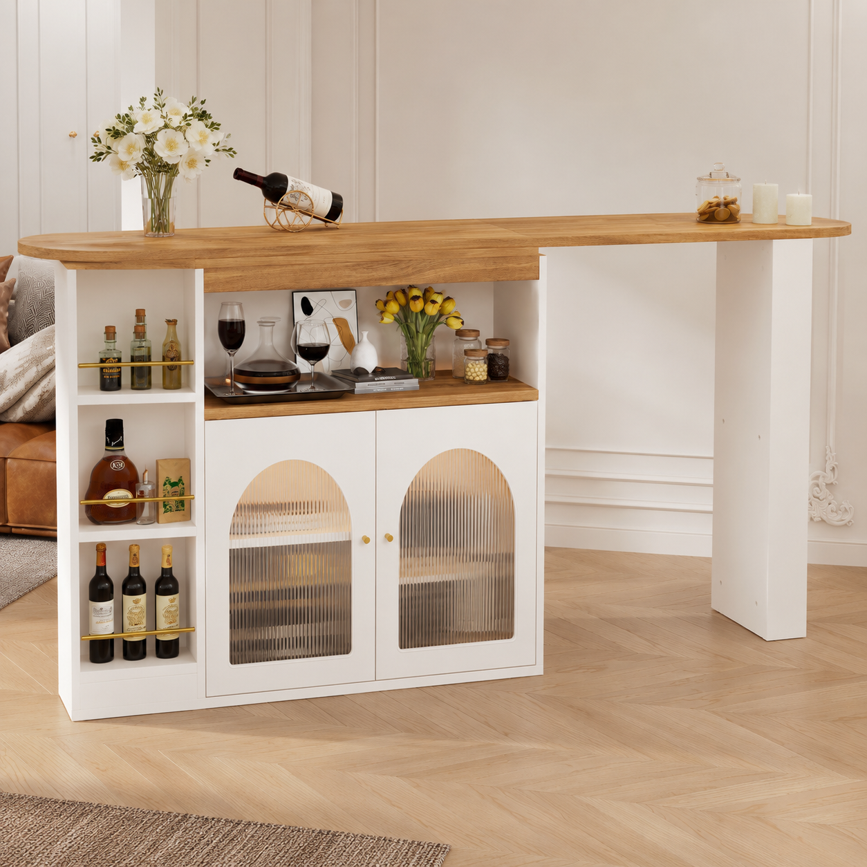 Bar Table – Extendable 138–193cm, LED Strip, 360° Swivel, Storage, Kitchen Island, 105cm High, White