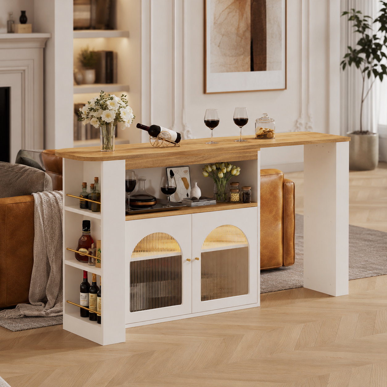 Bar Table – Extendable 138–193cm, LED Strip, 360° Swivel, Storage, Kitchen Island, 105cm High, White