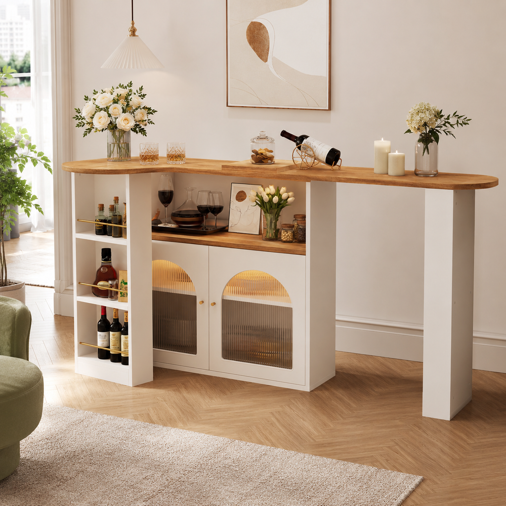 Bar Table – Extendable 138–193cm, LED Strip, 360° Swivel, Storage, Kitchen Island, 105cm High, White