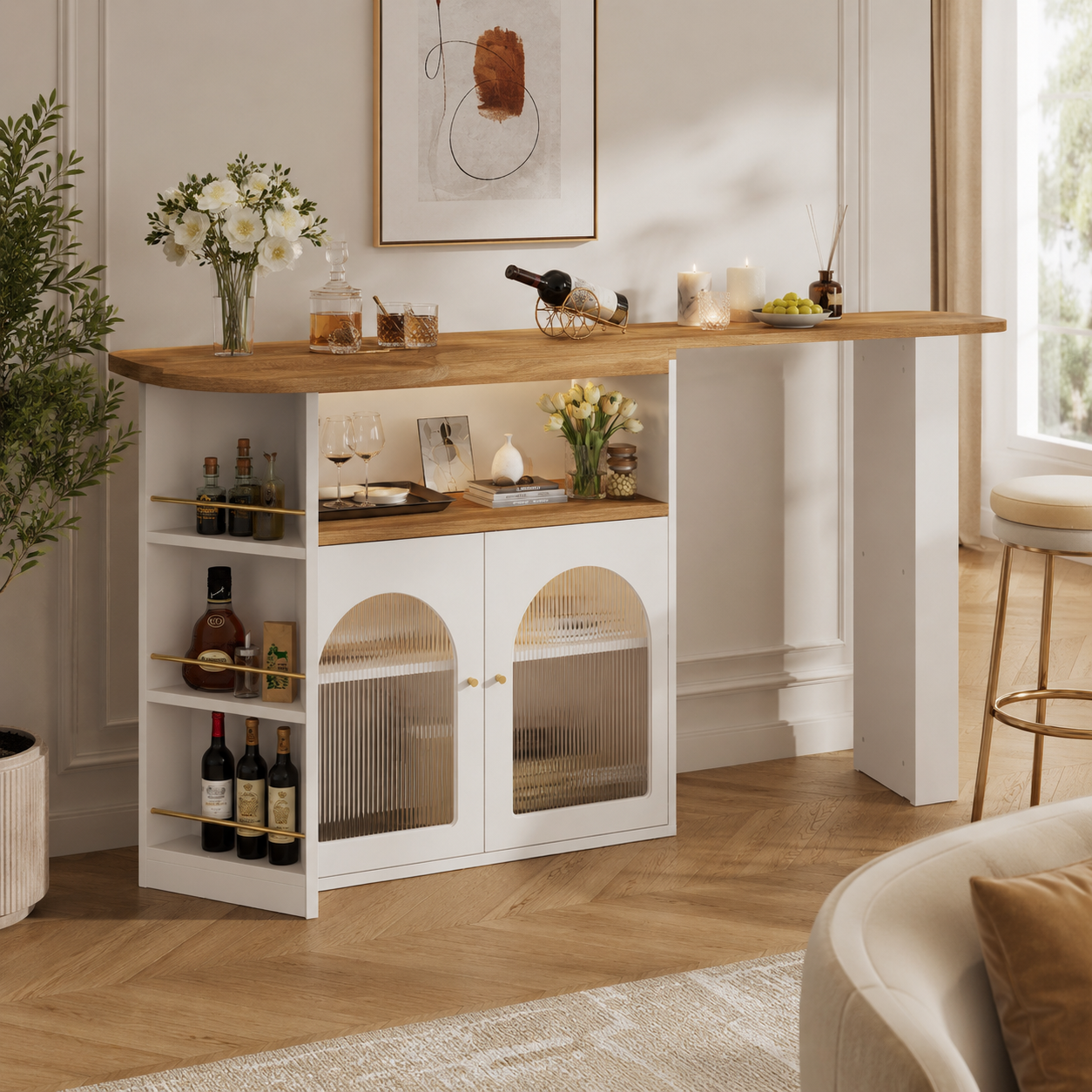 Bar Table – Extendable 138–193cm, LED Strip, 360° Swivel, Storage, Kitchen Island, 105cm High, White