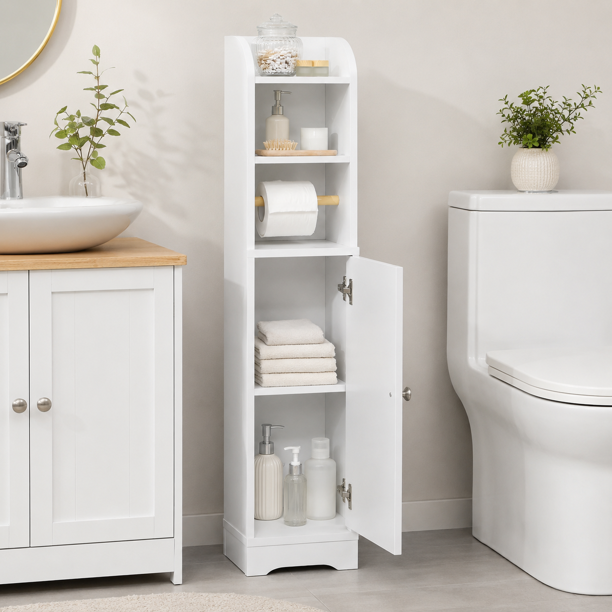 Bathroom Cabinet – Multi-Shelf, Slimline, Toilet Roll Holder, White