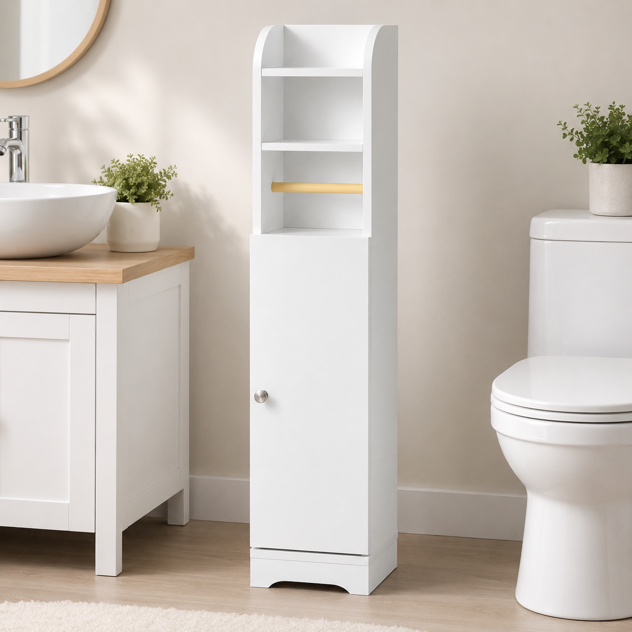 Bathroom Cabinet – Multi-Shelf, Slimline, Toilet Roll Holder, White