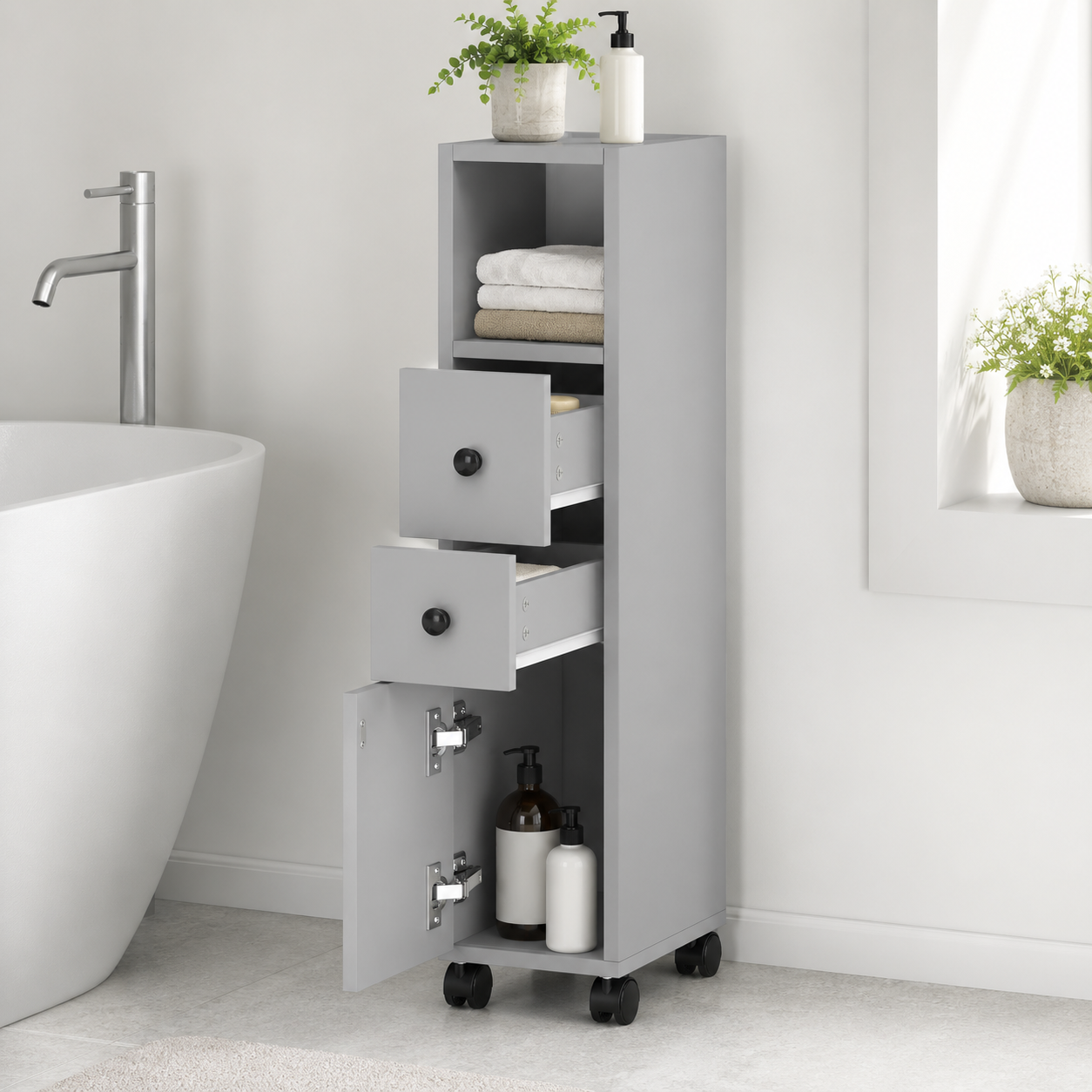 Bathroom Cabinet – Slimline, Top Drawer, 2 Cupboards, Adjustable Shelf, Grey
