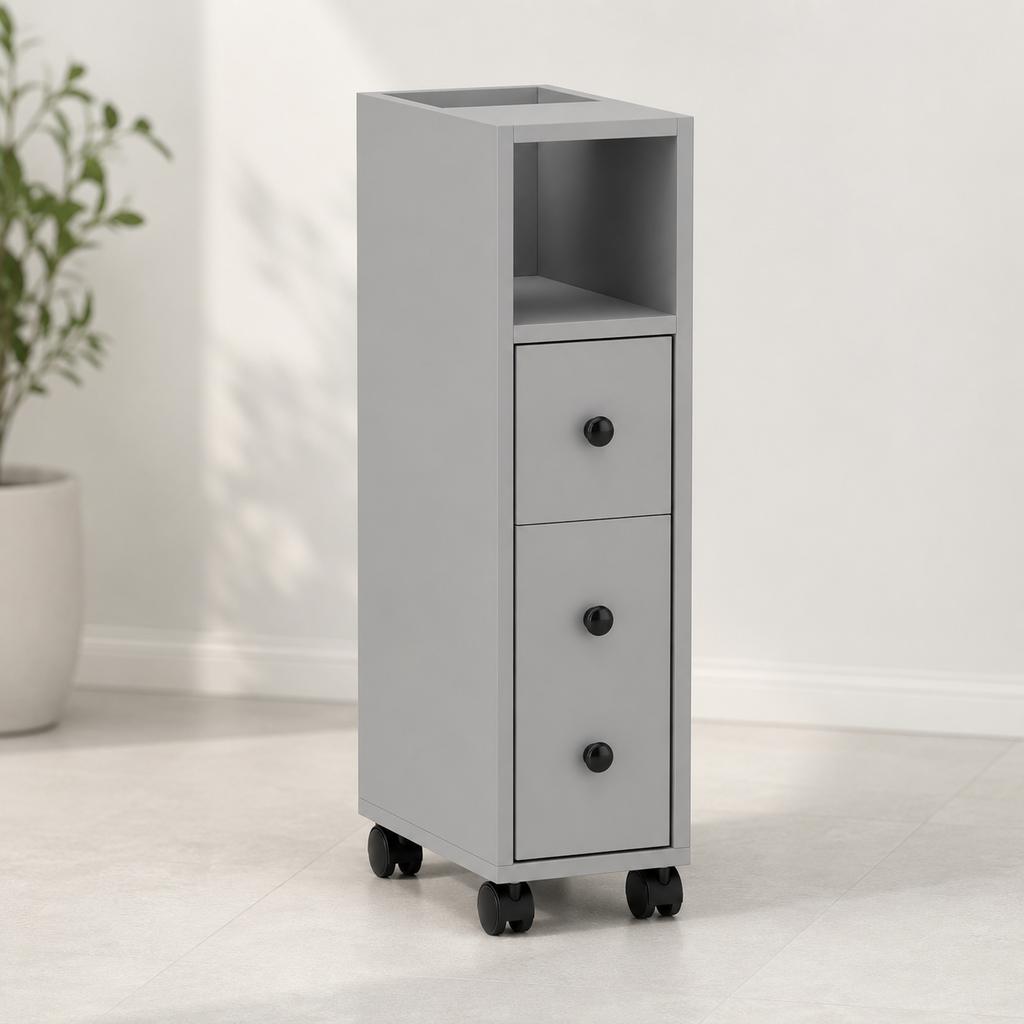 Bathroom Cabinet – Slimline, Top Drawer, 2 Cupboards, Adjustable Shelf, Grey