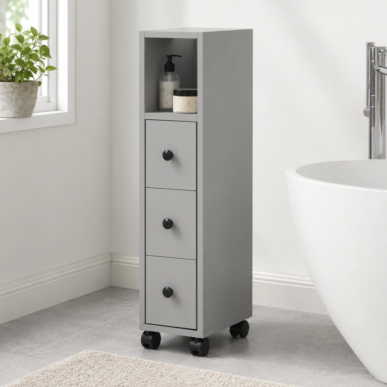 Bathroom Cabinet – Slimline, Top Drawer, 2 Cupboards, Adjustable Shelf, Grey