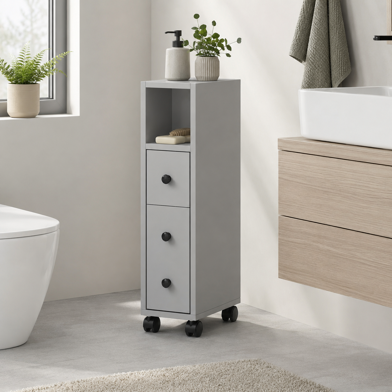 Bathroom Cabinet – Slimline, Top Drawer, 2 Cupboards, Adjustable Shelf, Grey