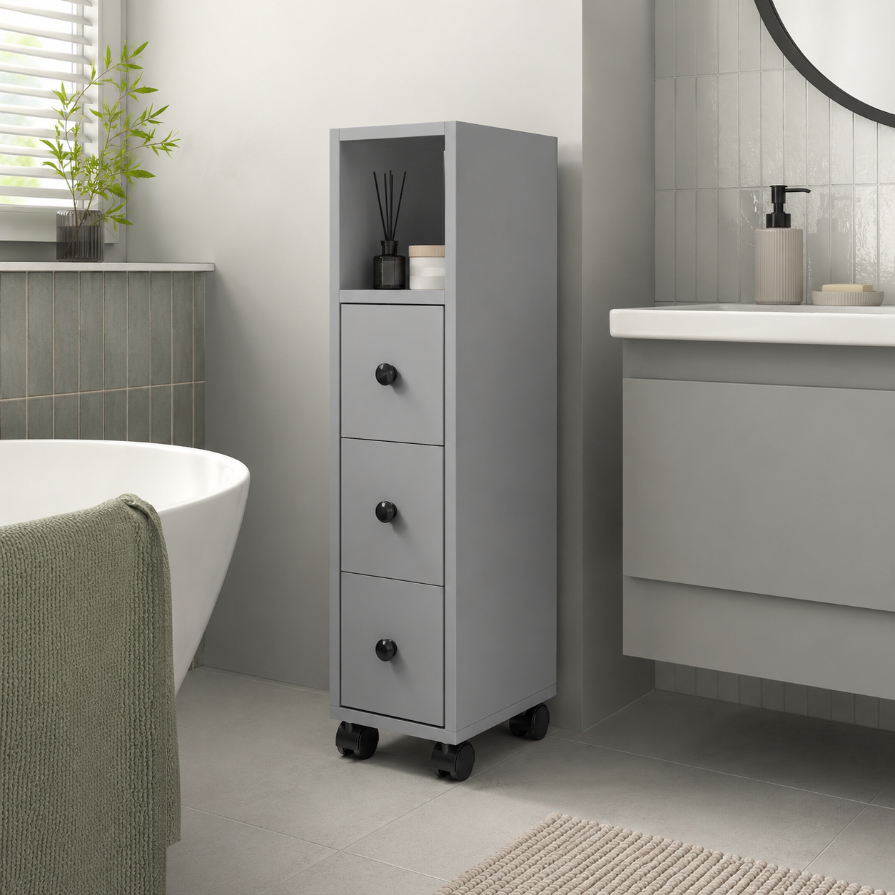 Bathroom Cabinet – Slimline, Top Drawer, 2 Cupboards, Adjustable Shelf, Grey