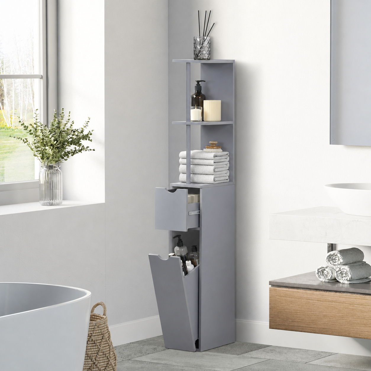 Bathroom Cabinet – Tall, Freestanding, 2-Tier Shelf & Drawers, Narrow, Grey