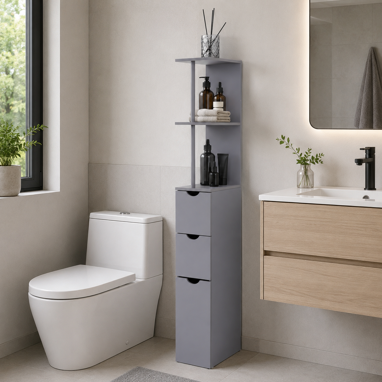 Bathroom Cabinet – Tall, Freestanding, 2-Tier Shelf & Drawers, Narrow, Grey