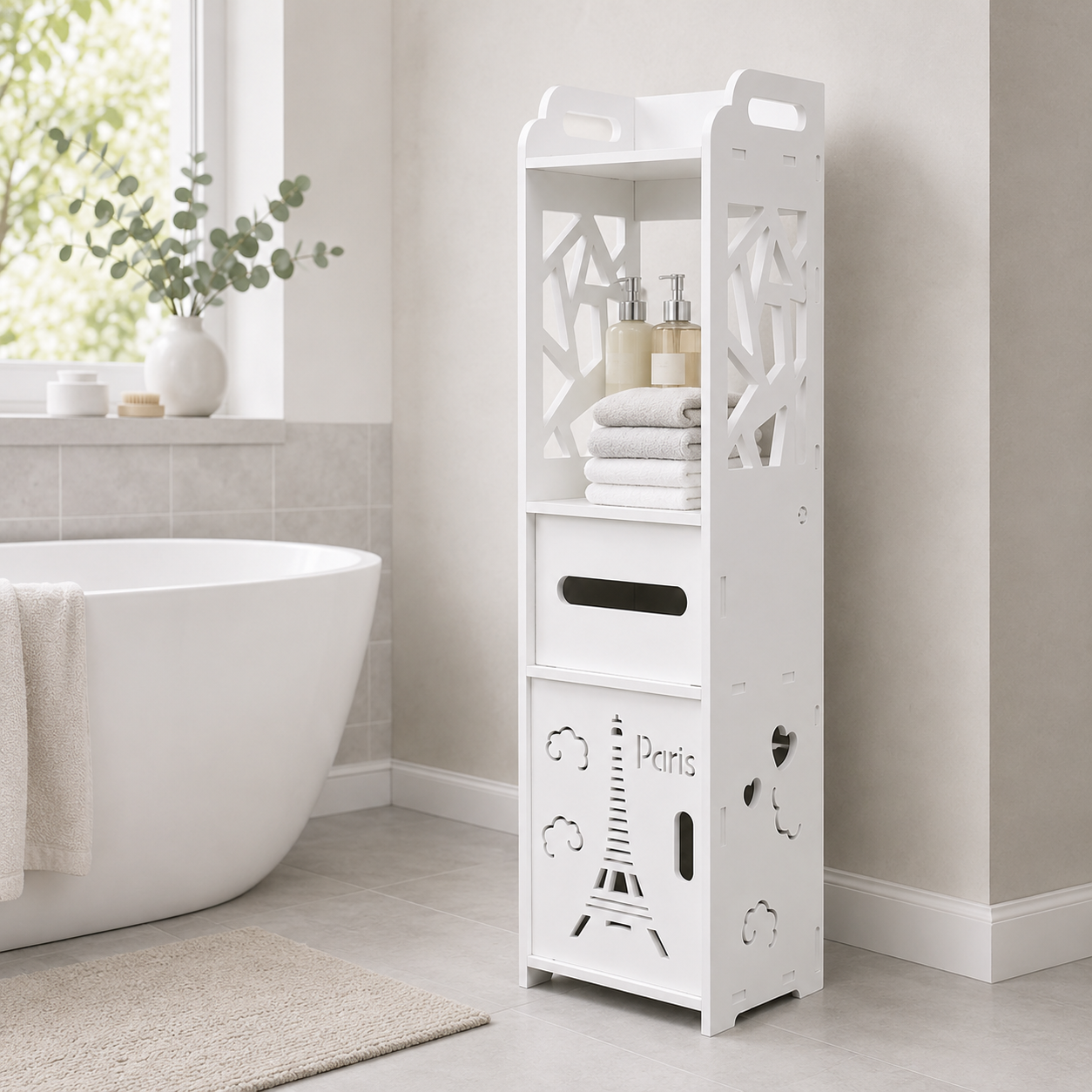 Bathroom Cabinet – Tall, Freestanding, 3+1 Tiers, Paper Drawer, Waterproof MDF, White