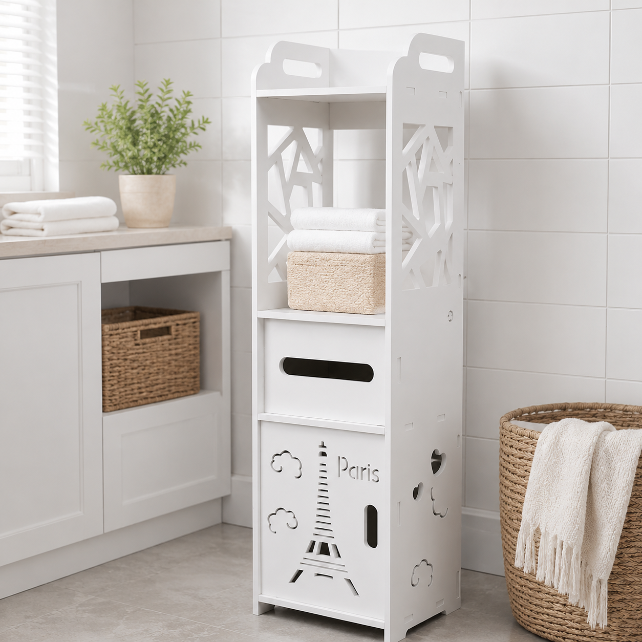 Bathroom Cabinet – Tall, Freestanding, 3+1 Tiers, Paper Drawer, Waterproof MDF, White