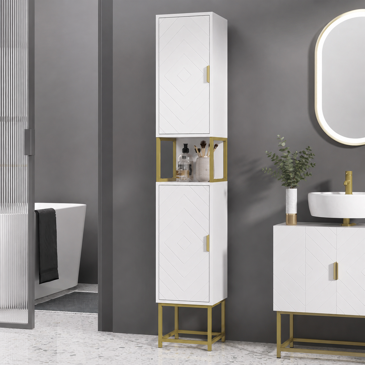 Bathroom Cabinet – Tall, Narrow, 2 Large Cupboards, Middle Shelf, Steel Base, White
