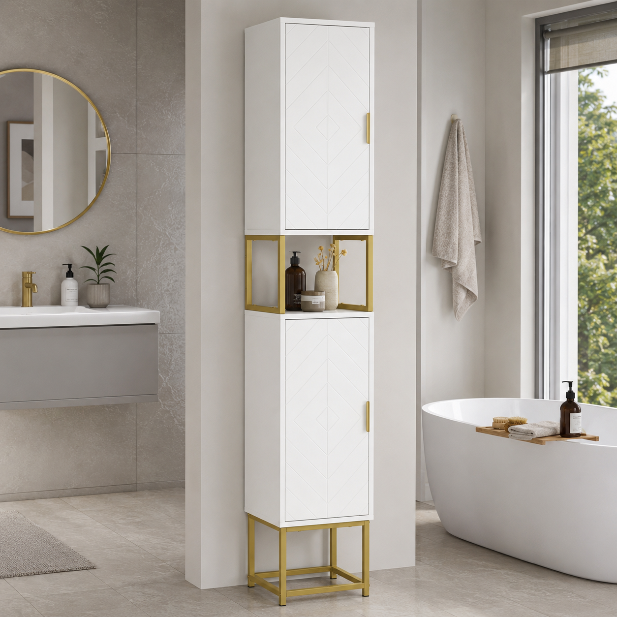 Bathroom Cabinet – Tall, Narrow, 2 Large Cupboards, Middle Shelf, Steel Base, White