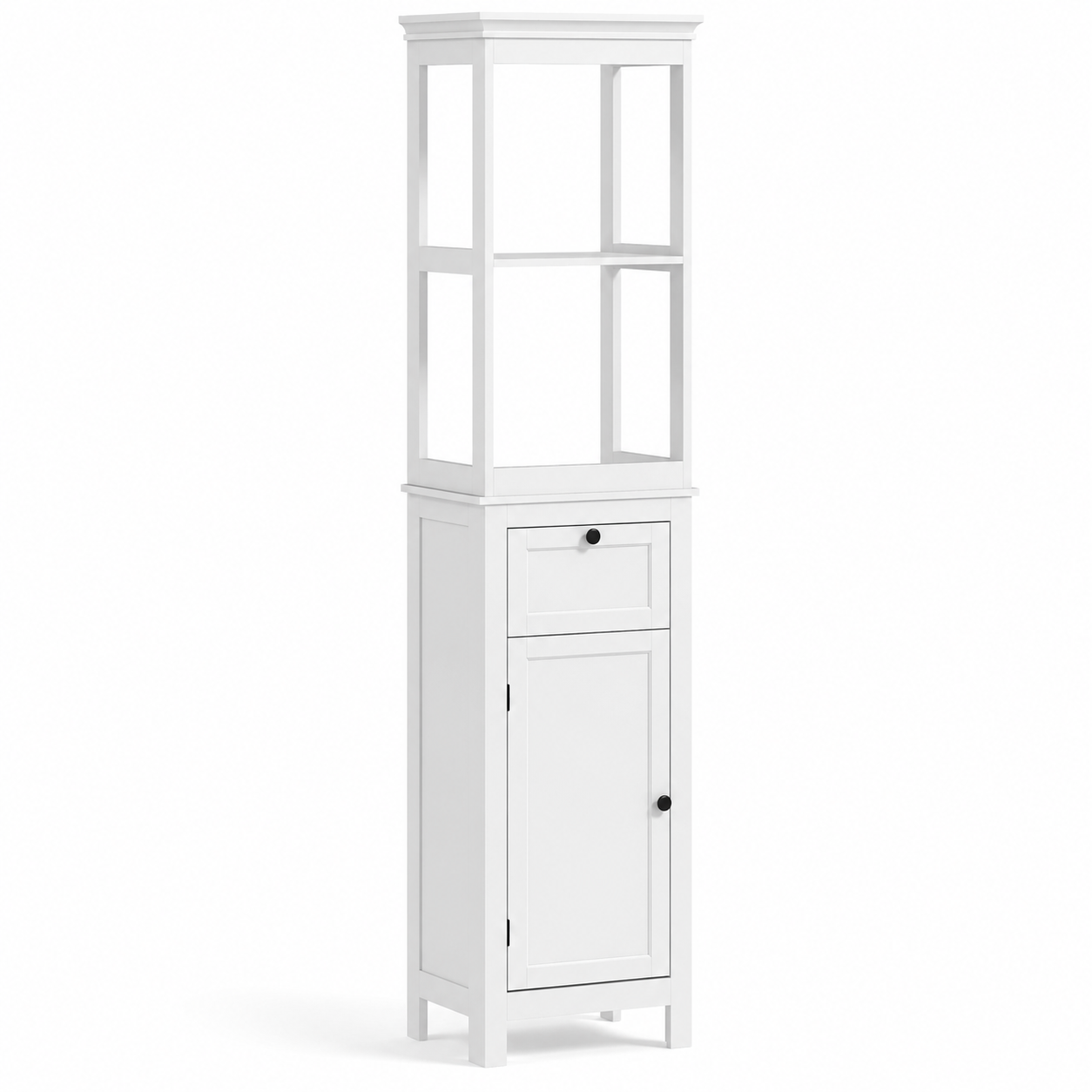 Bathroom Cabinet – Tall, Slim, 2 Open Shelves, Drawer & Soft-Close Cupboard, Adjustable Shelf, White