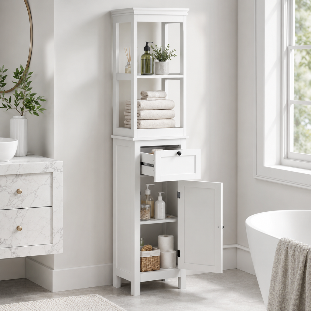 Bathroom Cabinet – Tall, Slim, 2 Open Shelves, Drawer & Soft-Close Cupboard, Adjustable Shelf, White