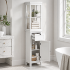 Bathroom Cabinet – Tall, Slim, 2 Open Shelves, Drawer & Soft-Close Cupboard, Adjustable Shelf, White