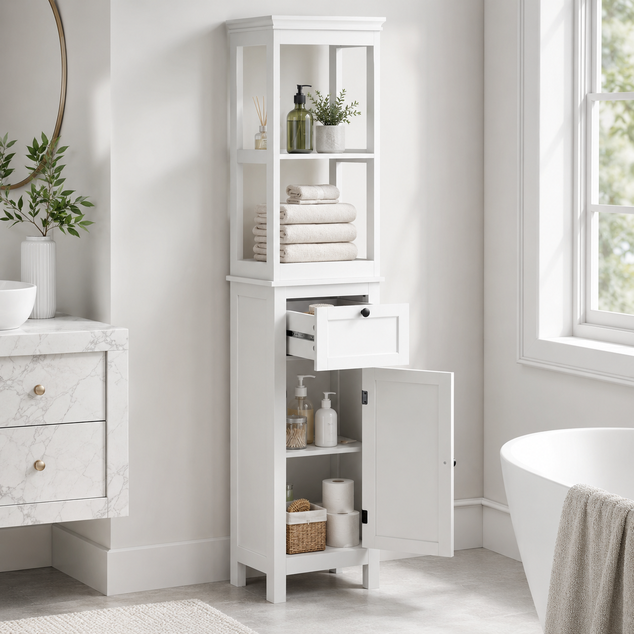 Bathroom Cabinet – Tall, Slim, 2 Open Shelves, Drawer & Soft-Close Cupboard, Adjustable Shelf, White