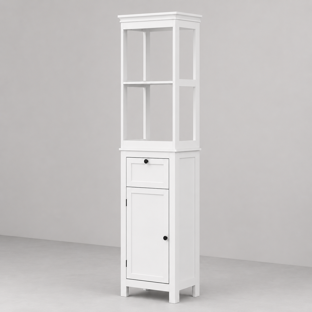 Bathroom Cabinet – Tall, Slim, 2 Open Shelves, Drawer & Soft-Close Cupboard, Adjustable Shelf, White
