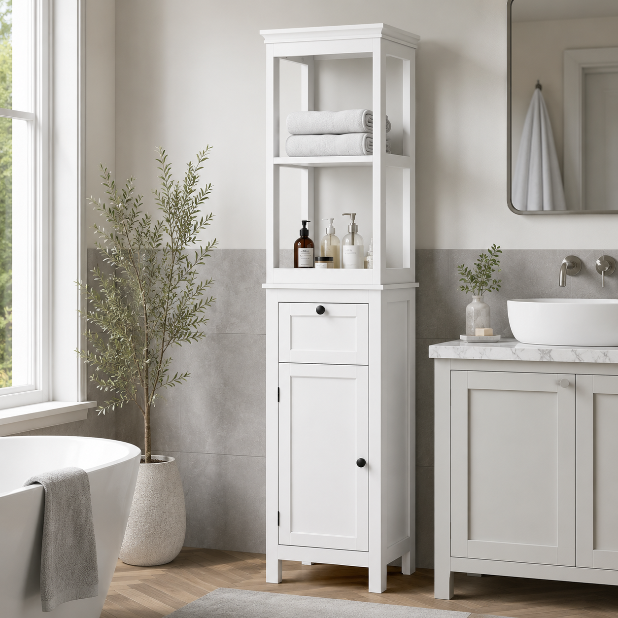 Bathroom Cabinet – Tall, Slim, 2 Open Shelves, Drawer & Soft-Close Cupboard, Adjustable Shelf, White