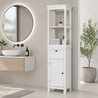 Bathroom Cabinet – Tall, Slim, 2 Open Shelves, Drawer & Soft-Close Cupboard, Adjustable Shelf, White