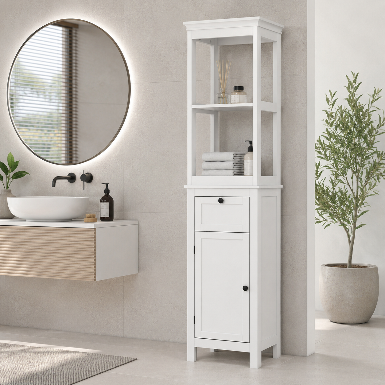 Bathroom Cabinet – Tall, Slim, 2 Open Shelves, Drawer & Soft-Close Cupboard, Adjustable Shelf, White