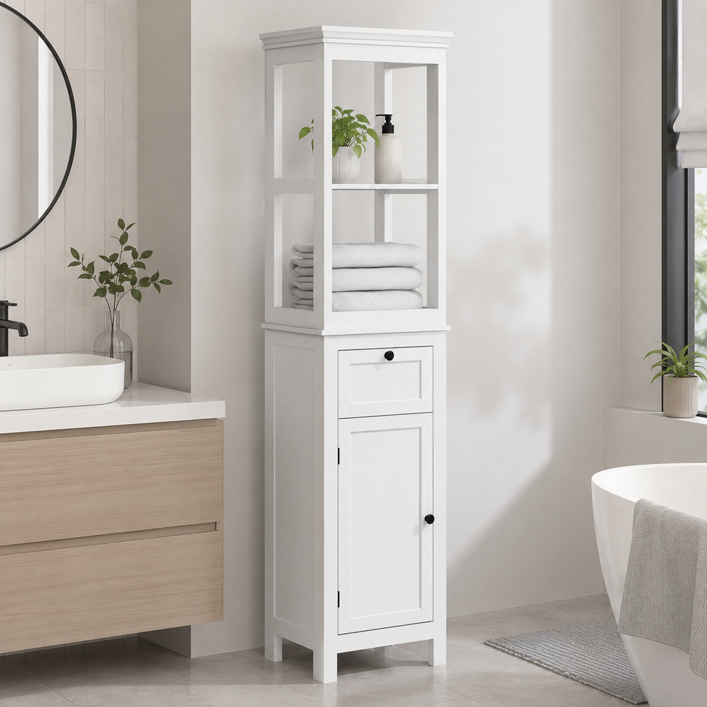 Bathroom Cabinet – Tall, Slim, 2 Open Shelves, Drawer & Soft-Close Cupboard, Adjustable Shelf, White