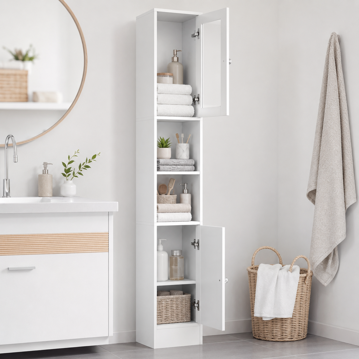 Bathroom Cabinet – Tall Freestanding, Mirror Door, Adjustable Shelves, White