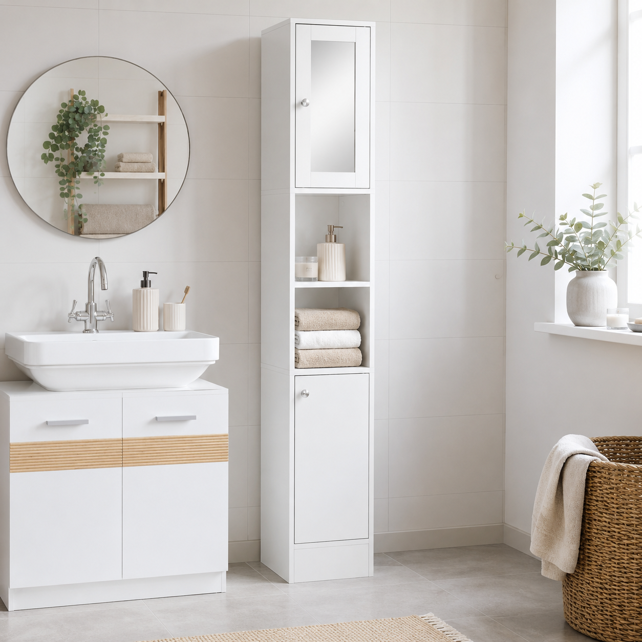 Bathroom Cabinet – Tall Freestanding, Mirror Door, Adjustable Shelves, White