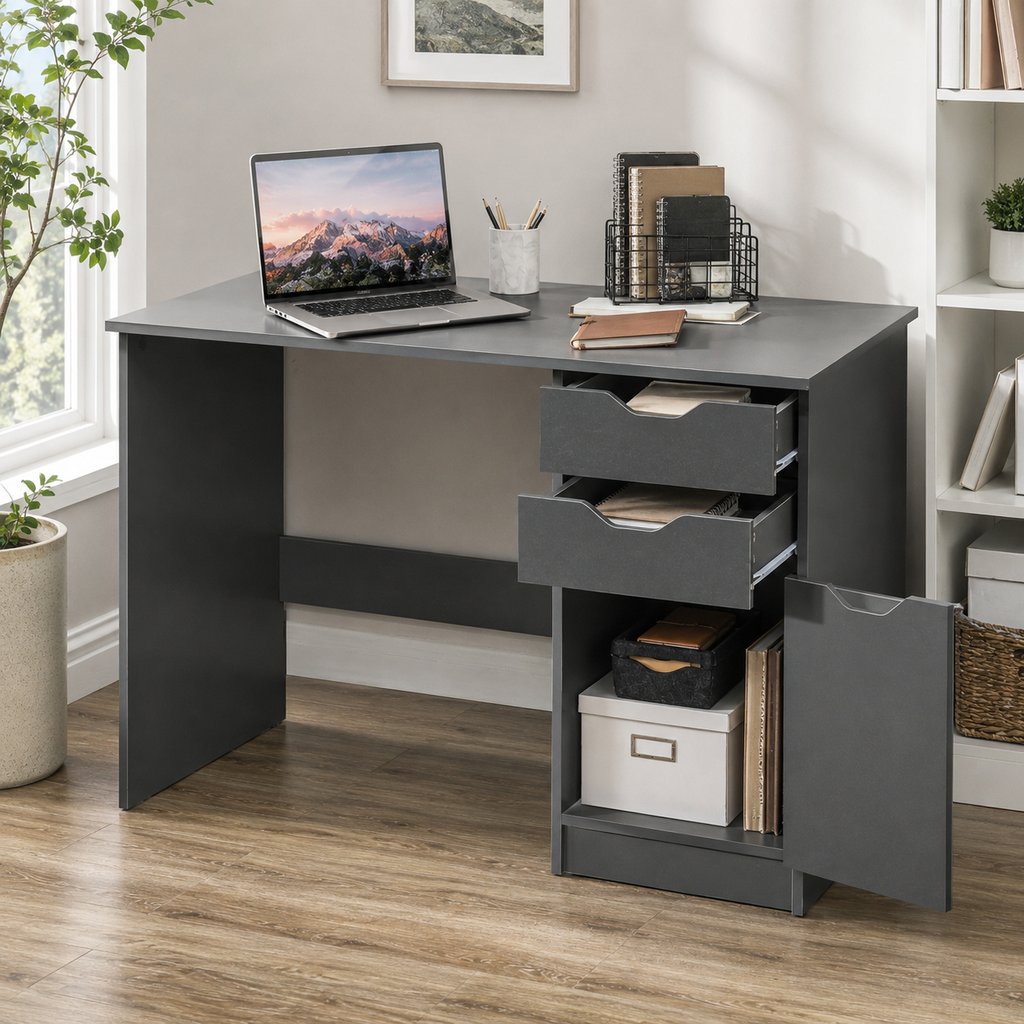 High-Gloss Home Office Desk with 2 Drawers & Cabinet – Particle Board, Grey, 120×60×76cm