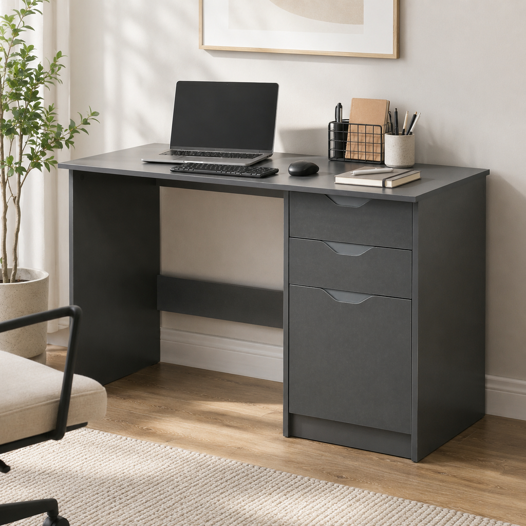 High-Gloss Home Office Desk with 2 Drawers & Cabinet – Particle Board, Grey, 120×60×76cm