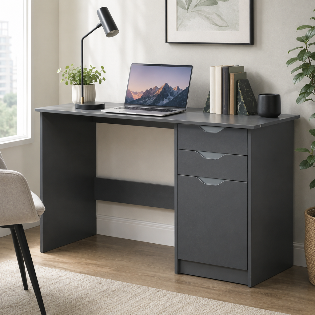 High-Gloss Home Office Desk with 2 Drawers & Cabinet – Particle Board, Grey, 120×60×76cm