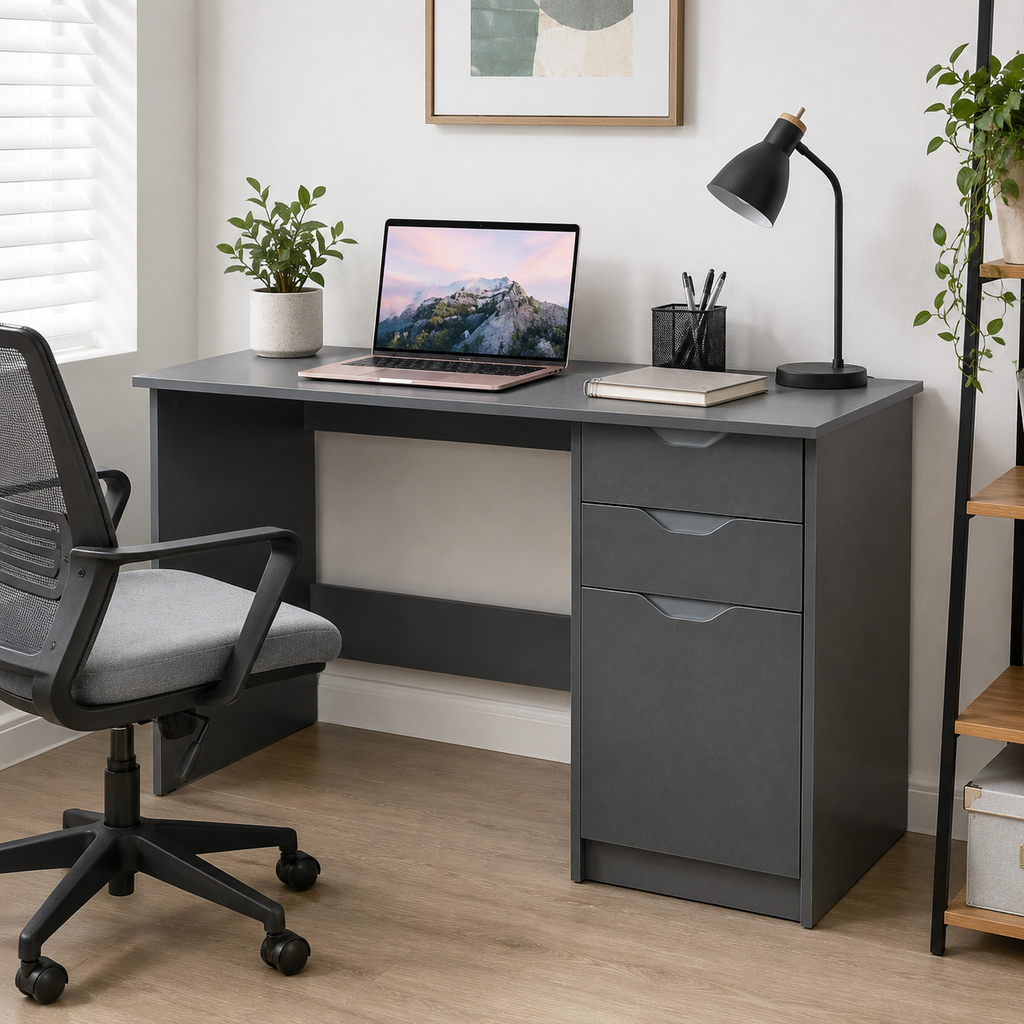 High-Gloss Home Office Desk with 2 Drawers & Cabinet – Particle Board, Grey, 120×60×76cm