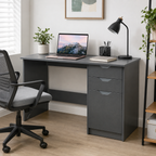 High-Gloss Home Office Desk with 2 Drawers & Cabinet – Particle Board, Grey, 120×60×76cm