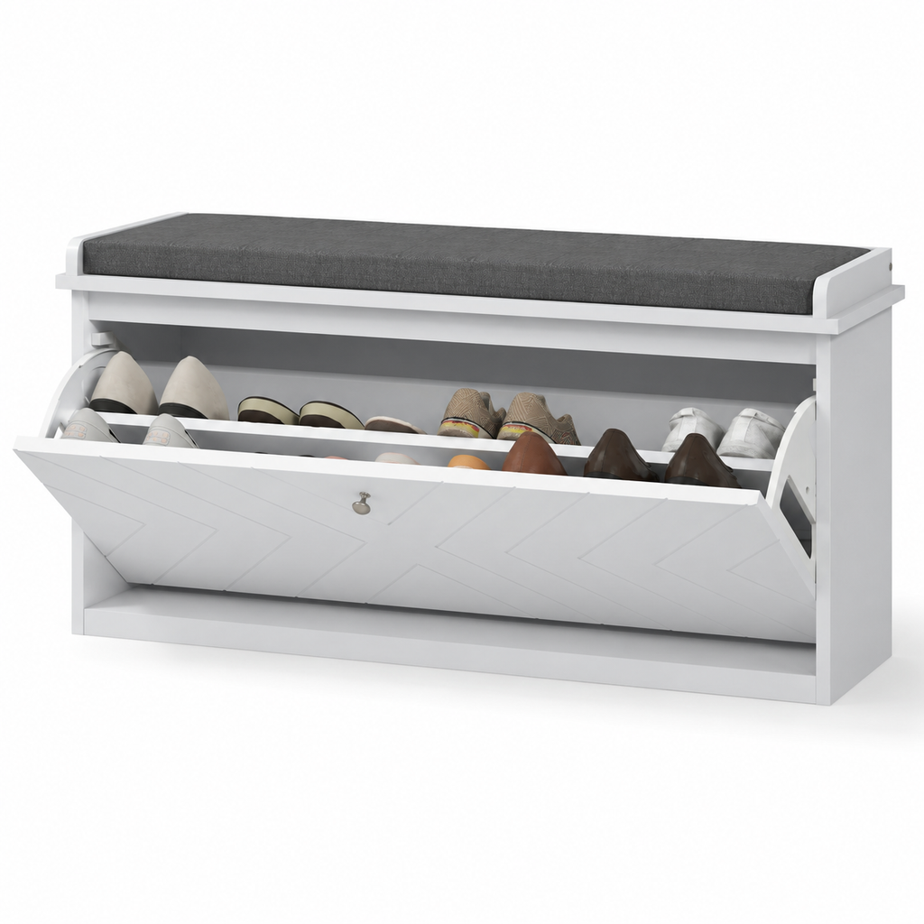 10-Shoe Storage Bench, With Padded Top Seat - White/Grey